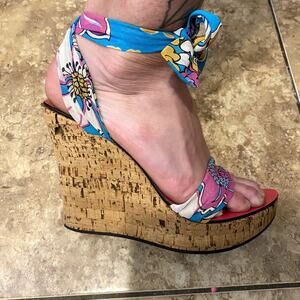 Mario Bologna Multicolor Floral Tie Lace Up Wrap Around Wedge Espadrille Sz 5.5